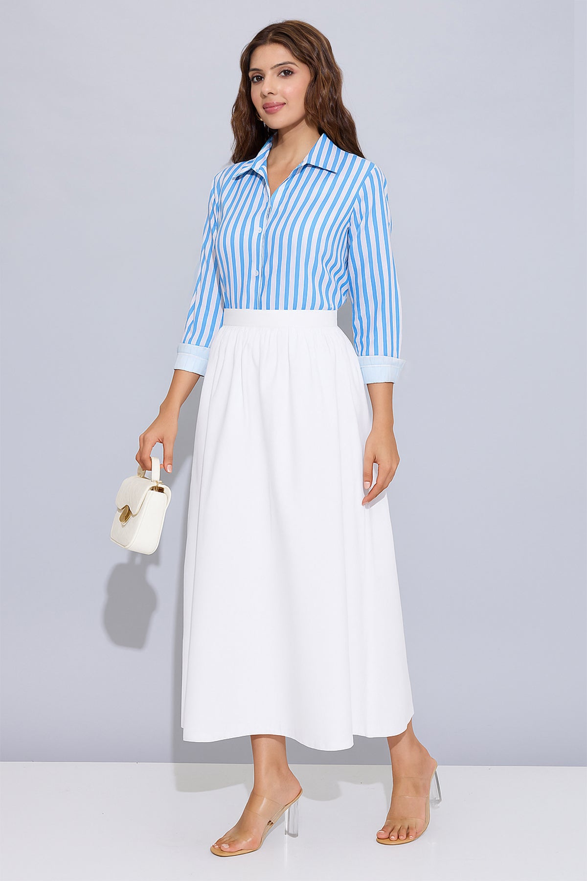 Blue Cotton Stripe Button Shirt