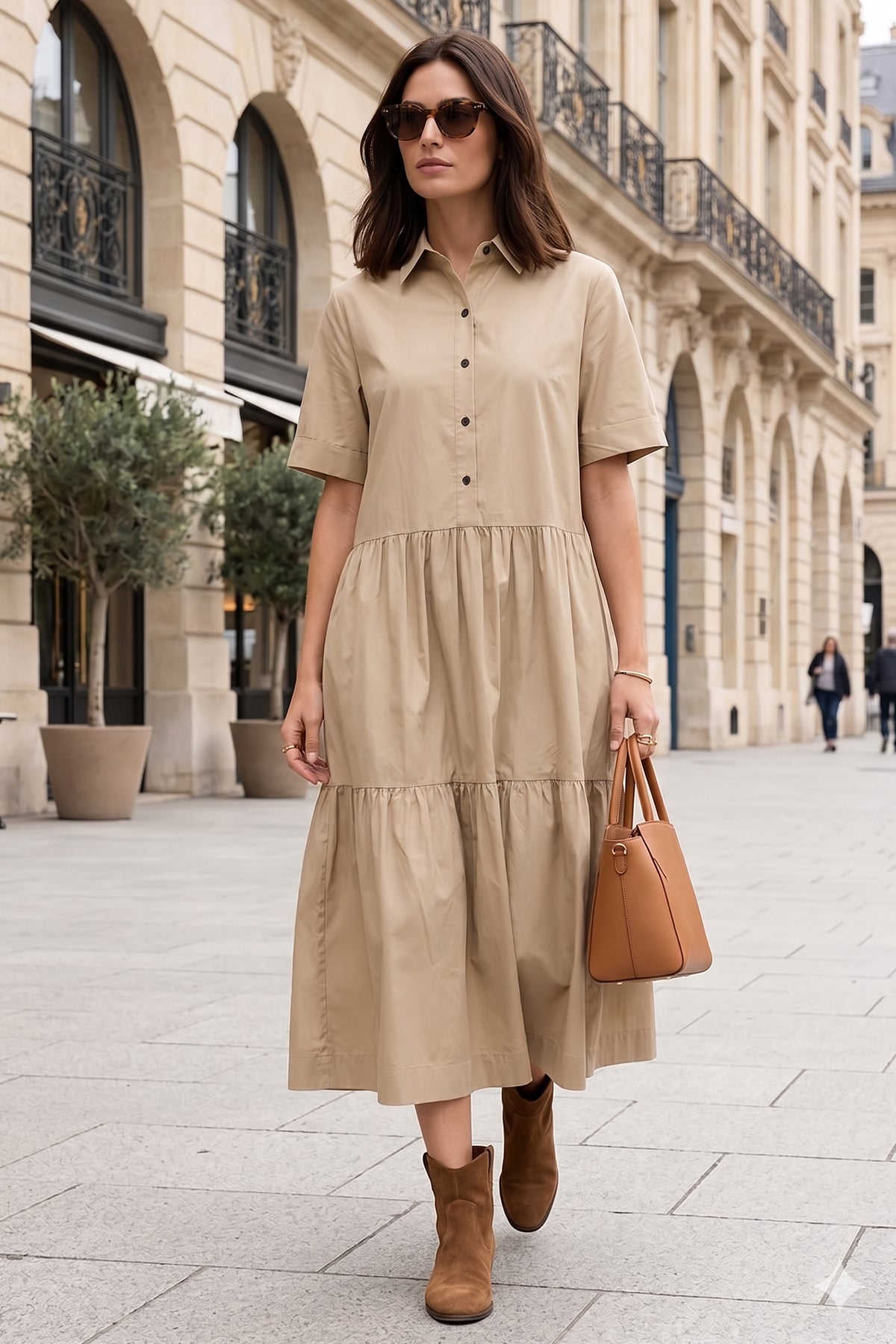 beige tiered midi dress Baltic Born Womens Lainey Smocked Dotted Midi Dress | Beige