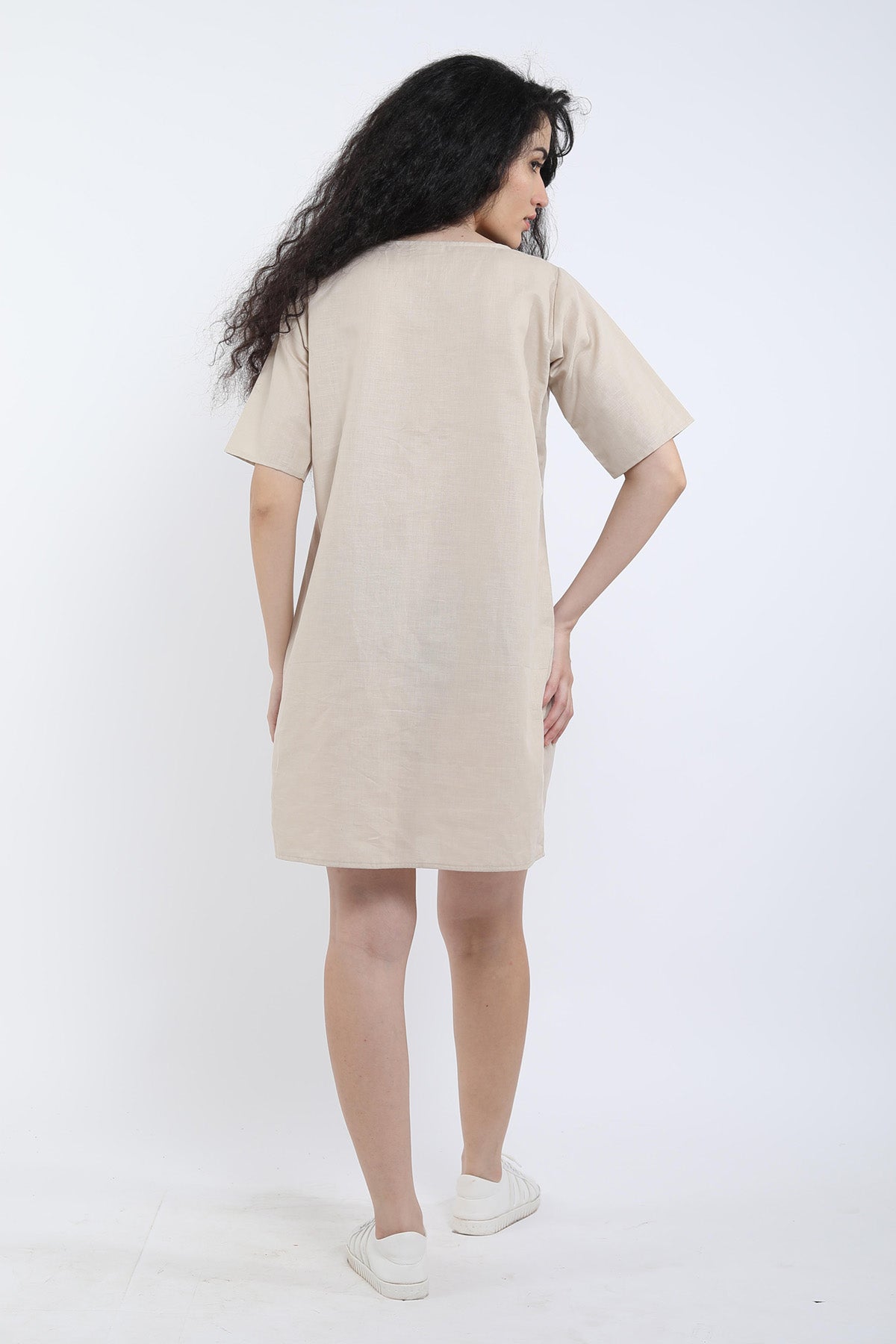 Beige Cotton Linen Loose Dress