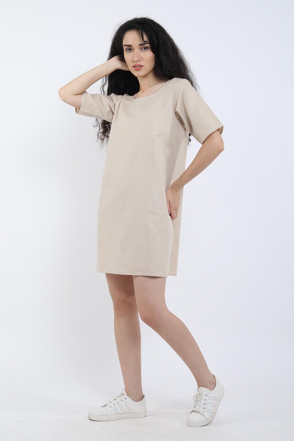 Beige Cotton Linen Loose Dress