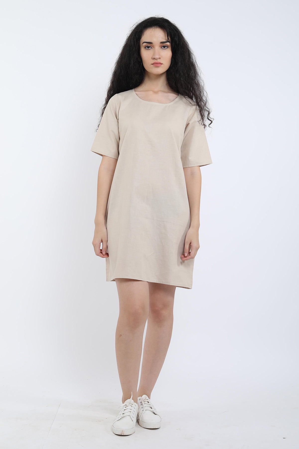 Beige Cotton Linen Loose Dress