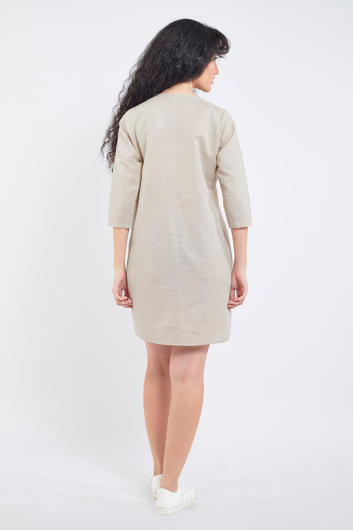 Beige Cotton Linen Mini Dress