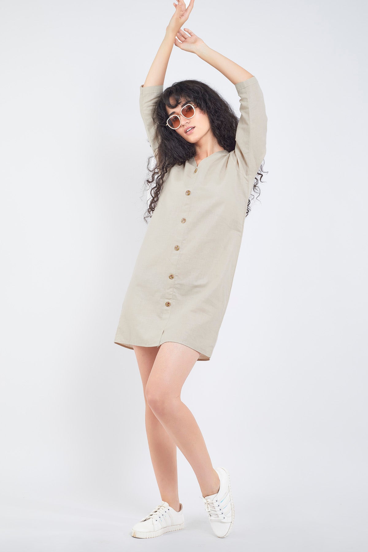 Beige Cotton Linen Mini Dress