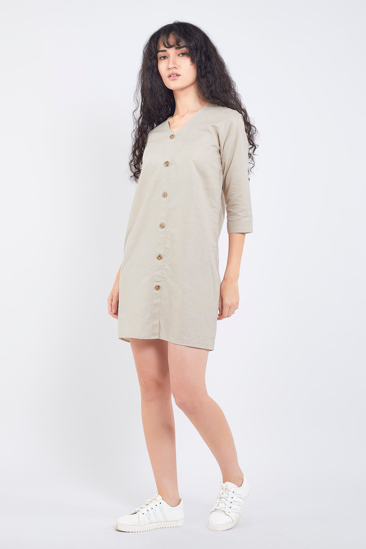 Beige Cotton Linen Mini Dress