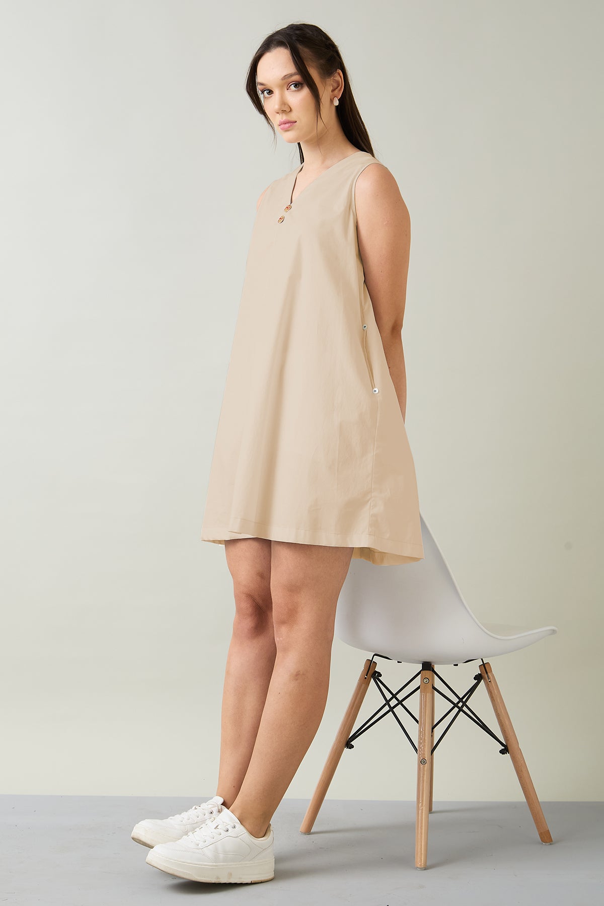 Beige Cotton Sleeveless Dress
