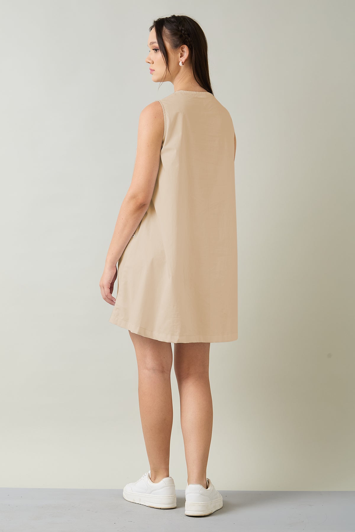 Beige Cotton Sleeveless Dress
