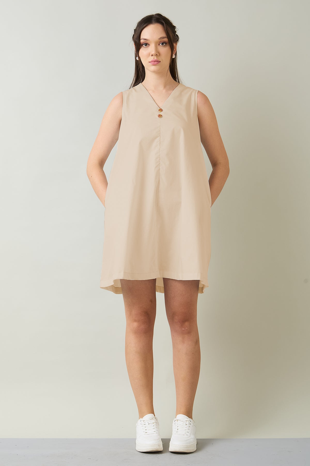 Beige Cotton Sleeveless Dress