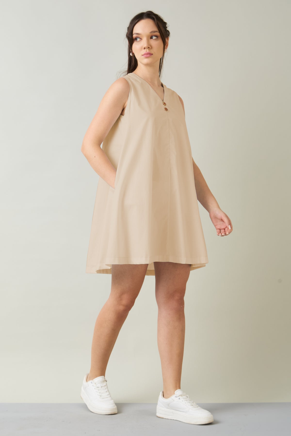 Beige Cotton Sleeveless Dress