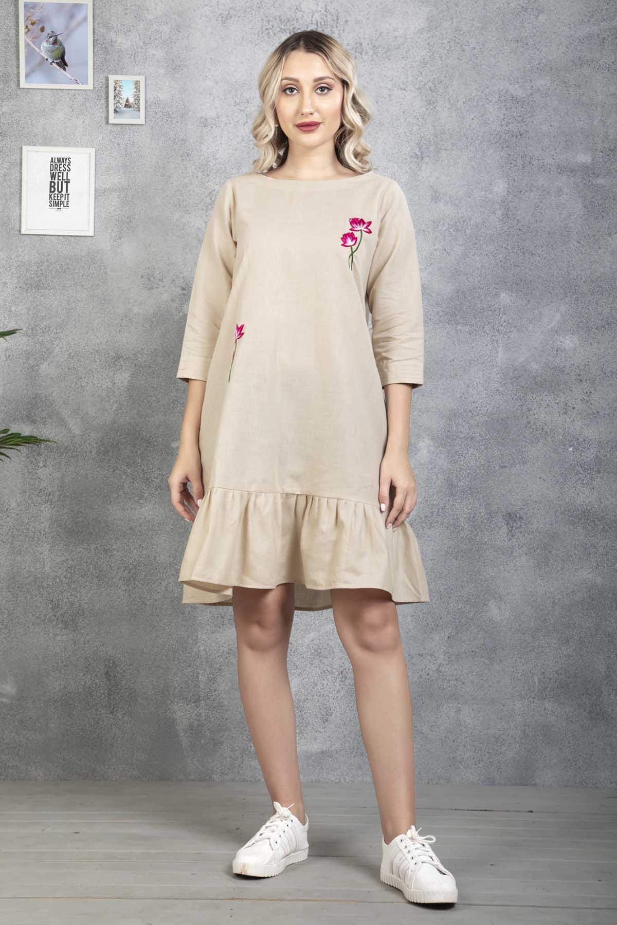 Buy Beige Floral Embroidered Dress by SNEHA B