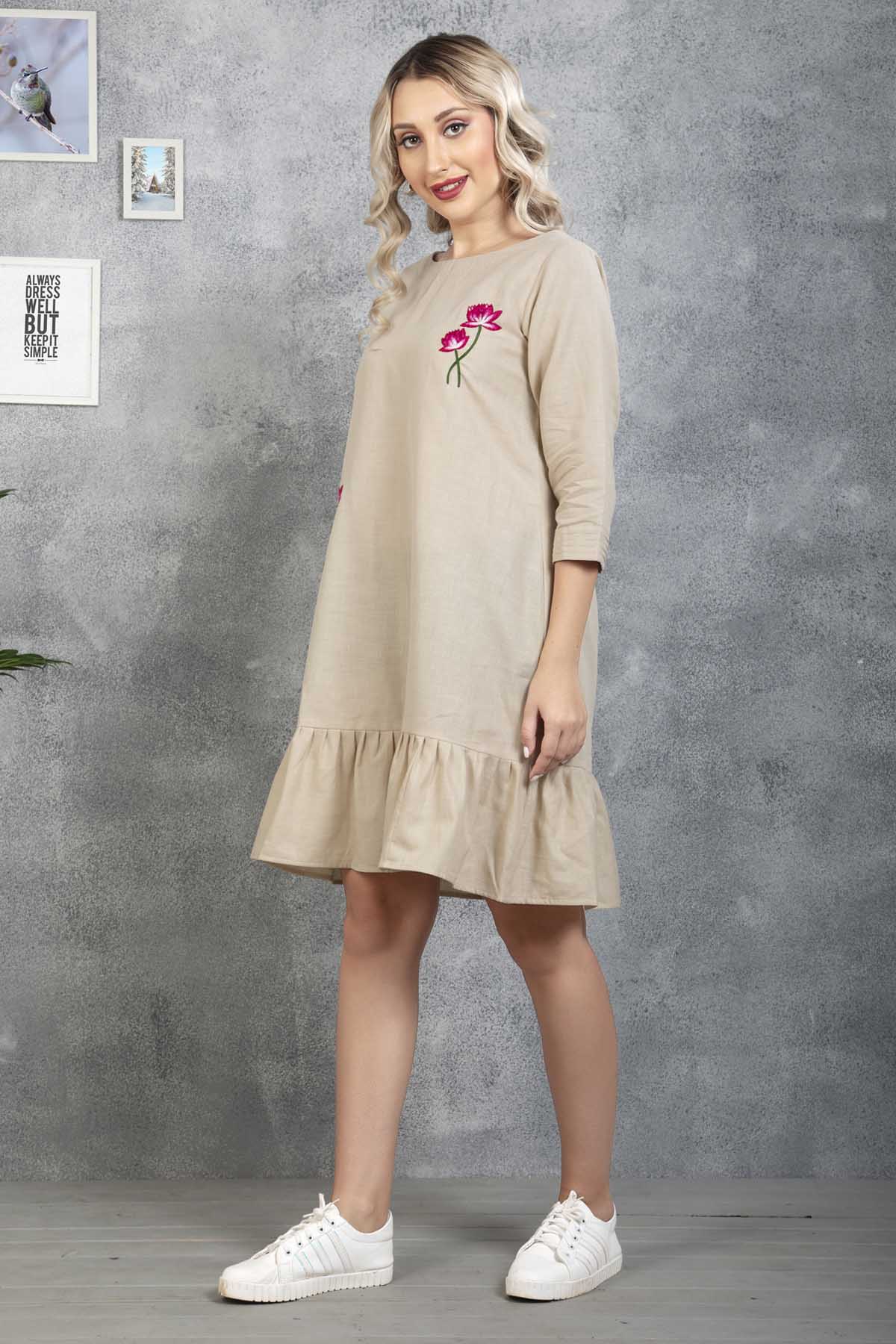 Beige Floral Embroidered Dress