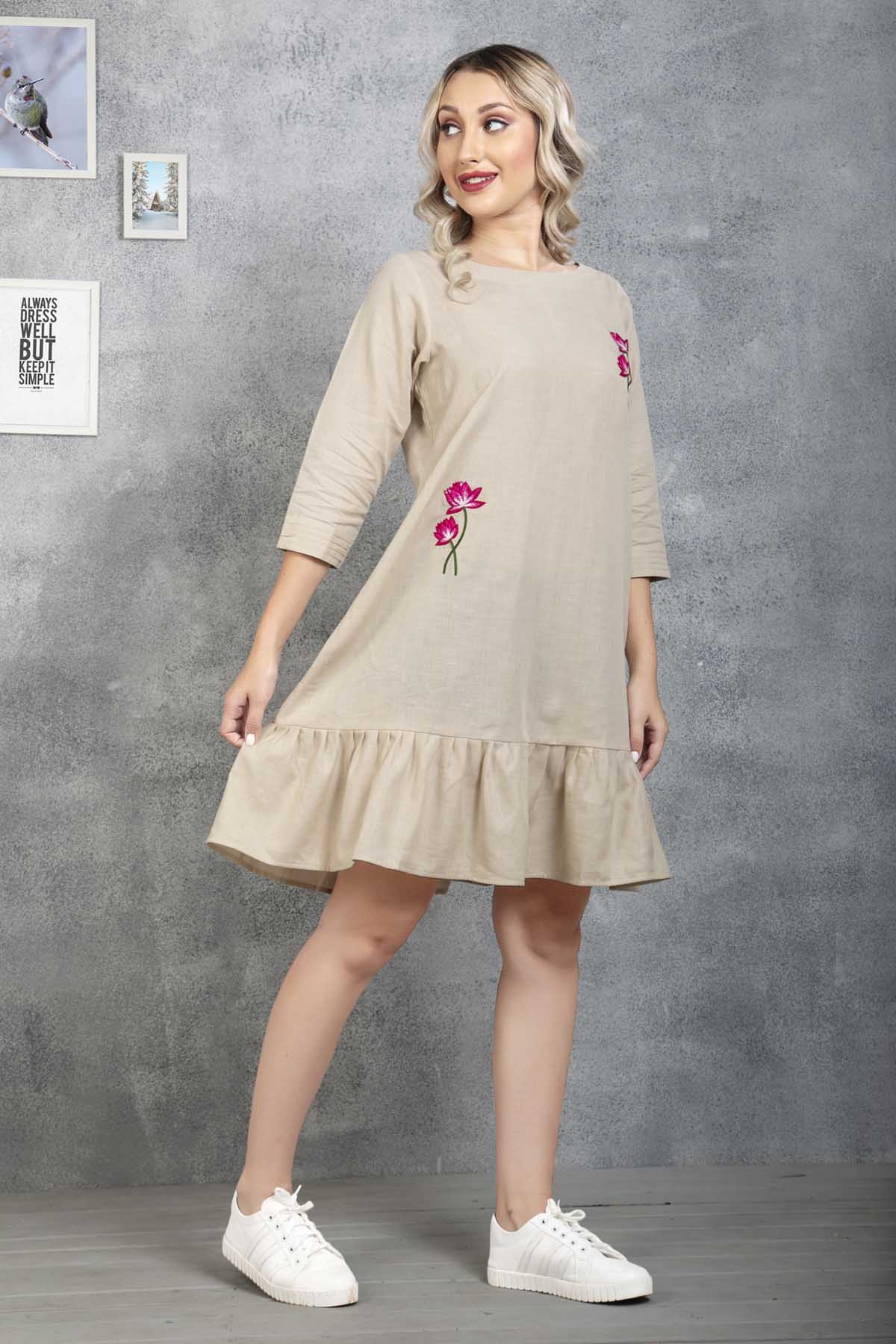 Beige Floral Embroidered Dress
