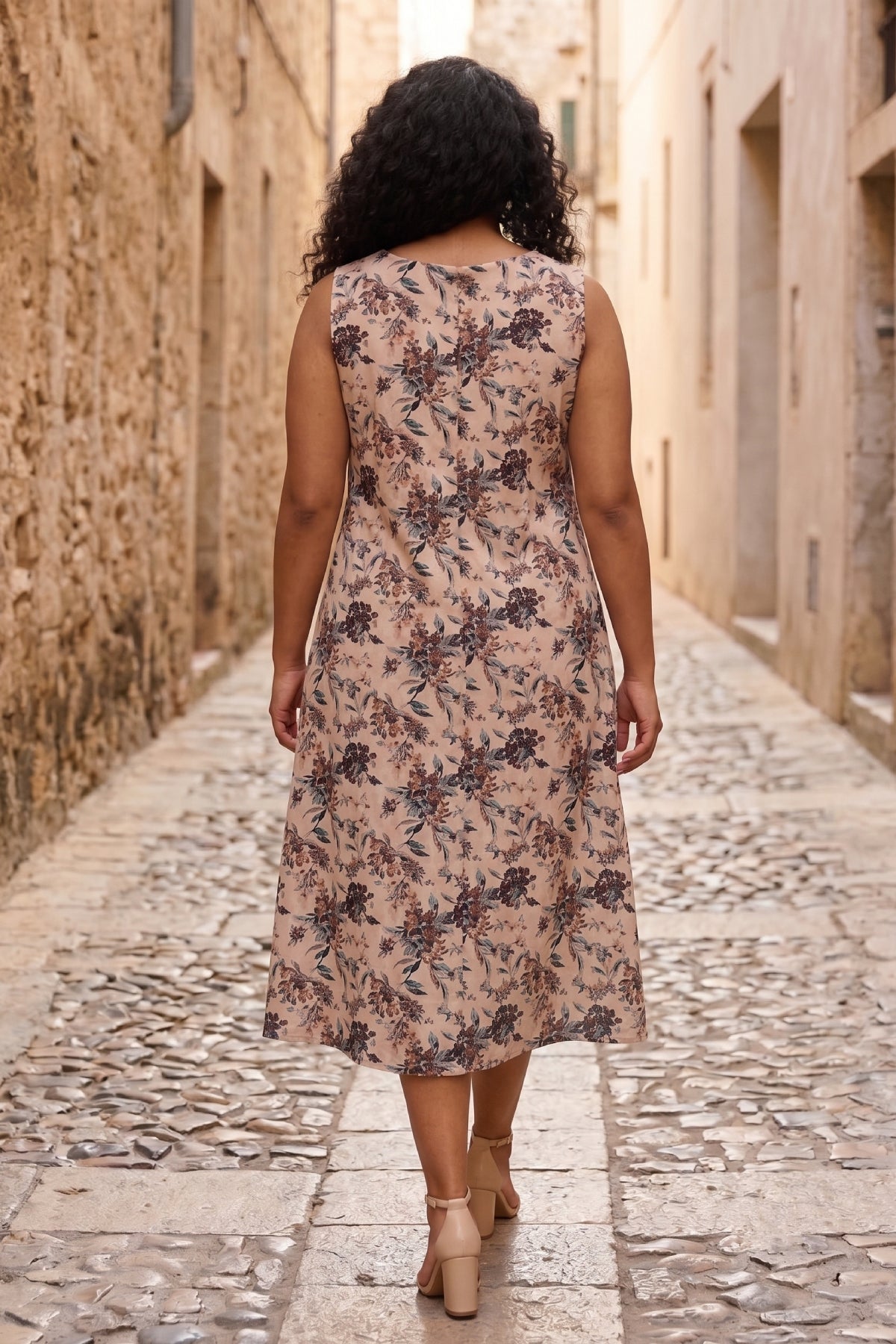 Beige Floral Print Midi Dress