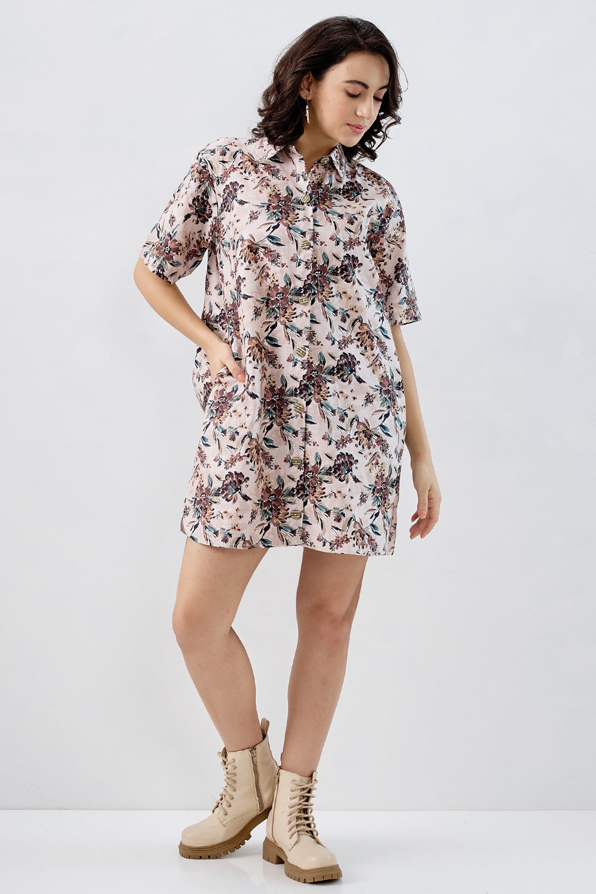 Beige Print Pure Cotton Dress