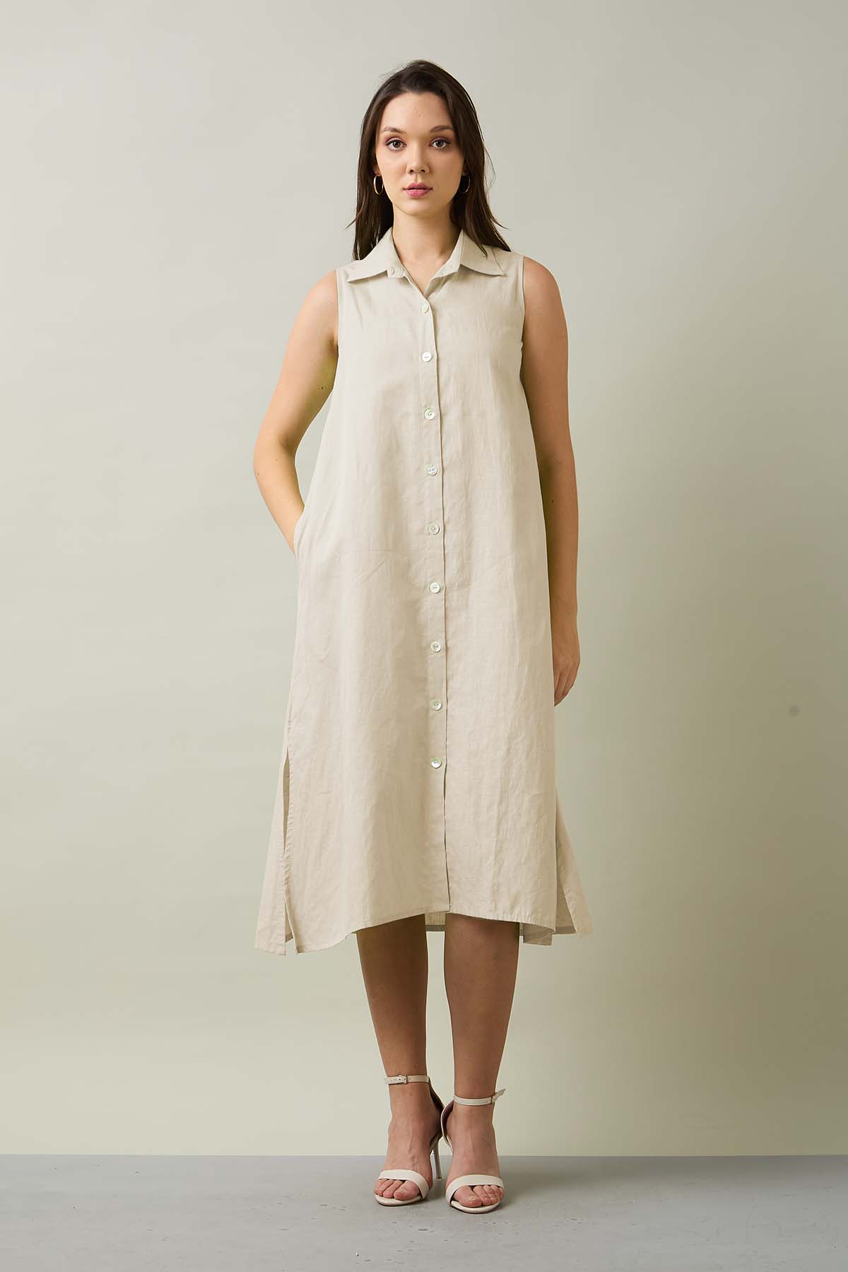 Beige Sleeveless Shirt Dress