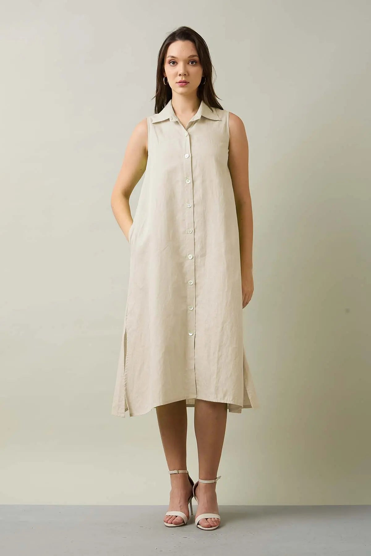 Beige Sleeveless Shirt Dress SNEHA B