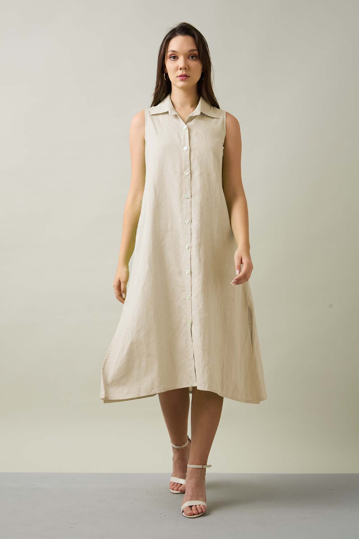 Buy Beige Sleeveless Shirt Dress by SNEHA B