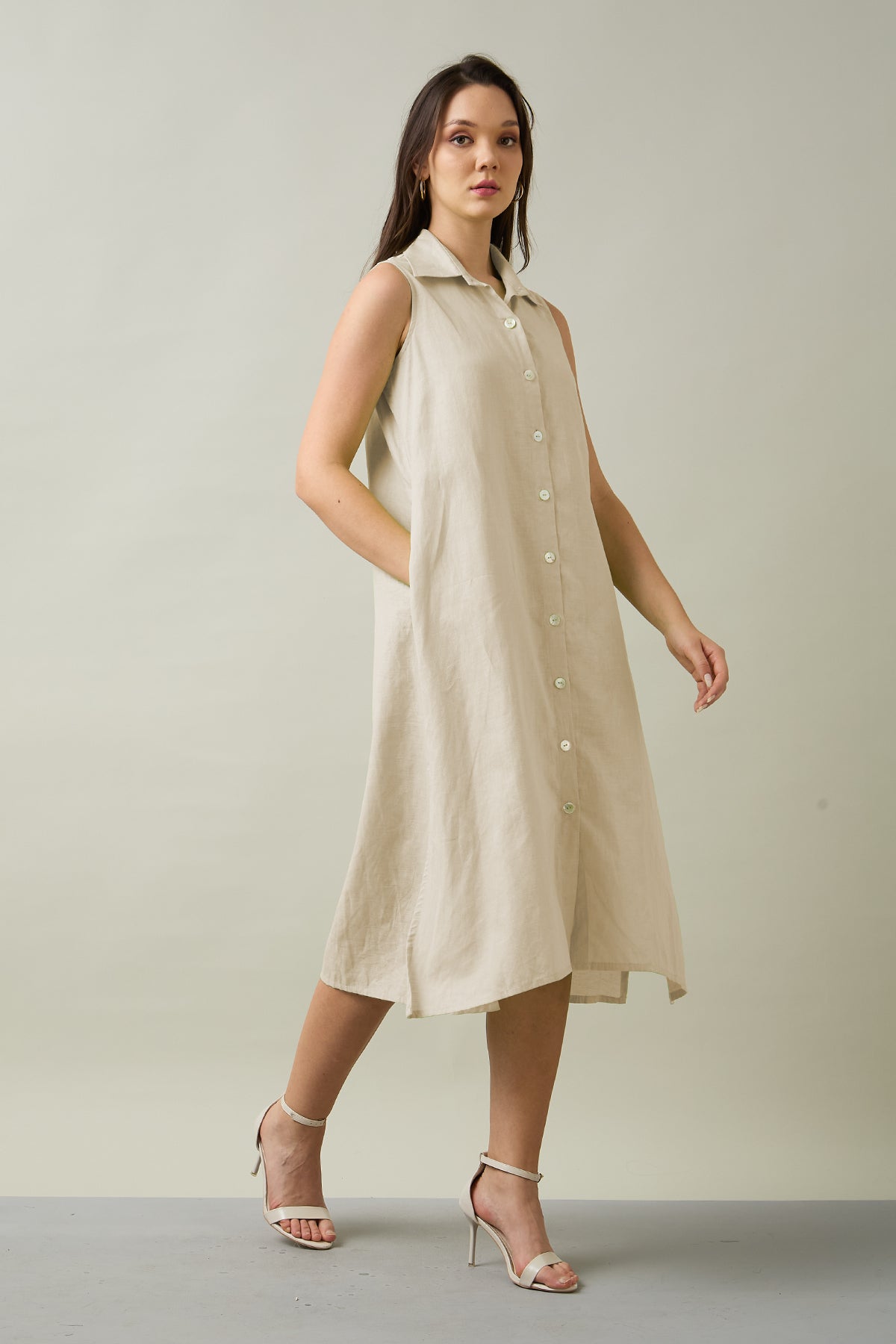 Beige Sleeveless Shirt Dress