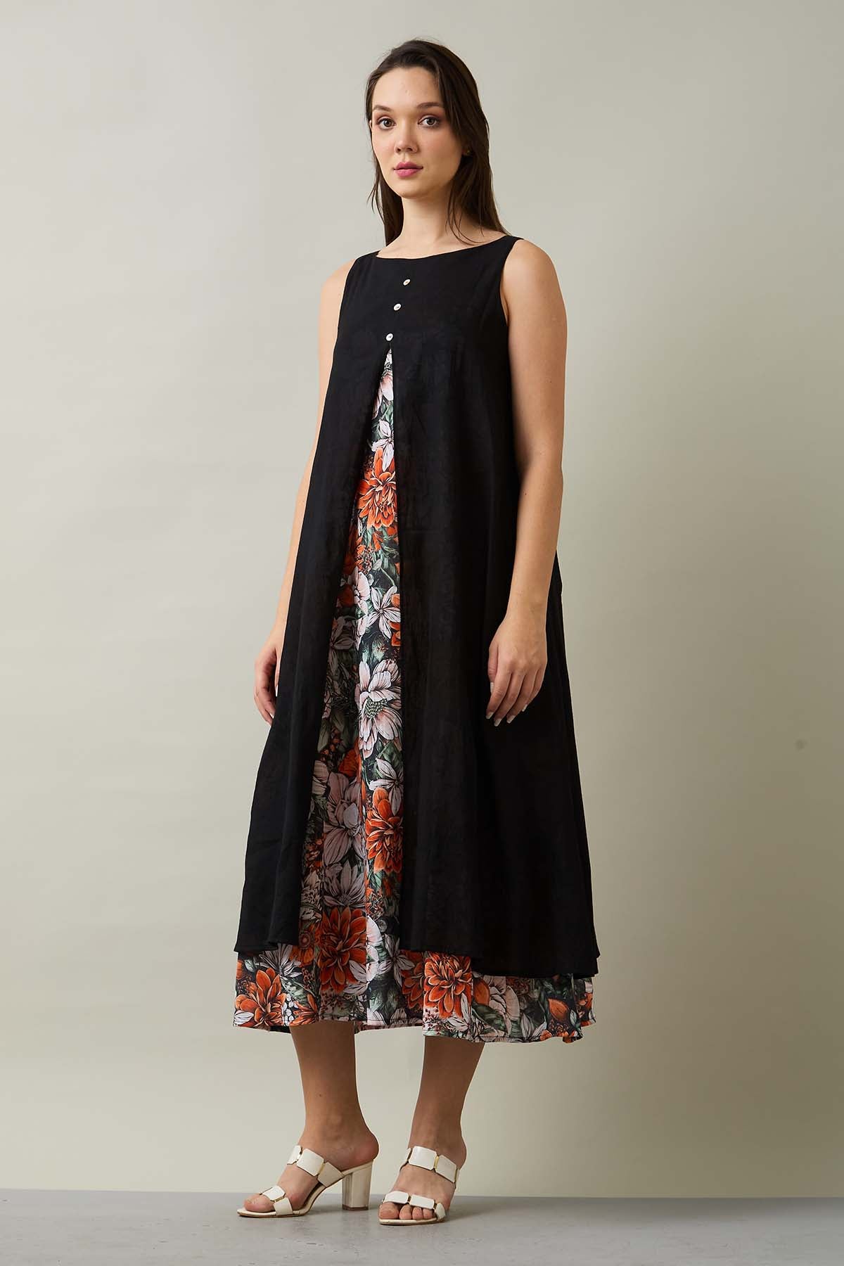 Black Cotton Front Open Dress