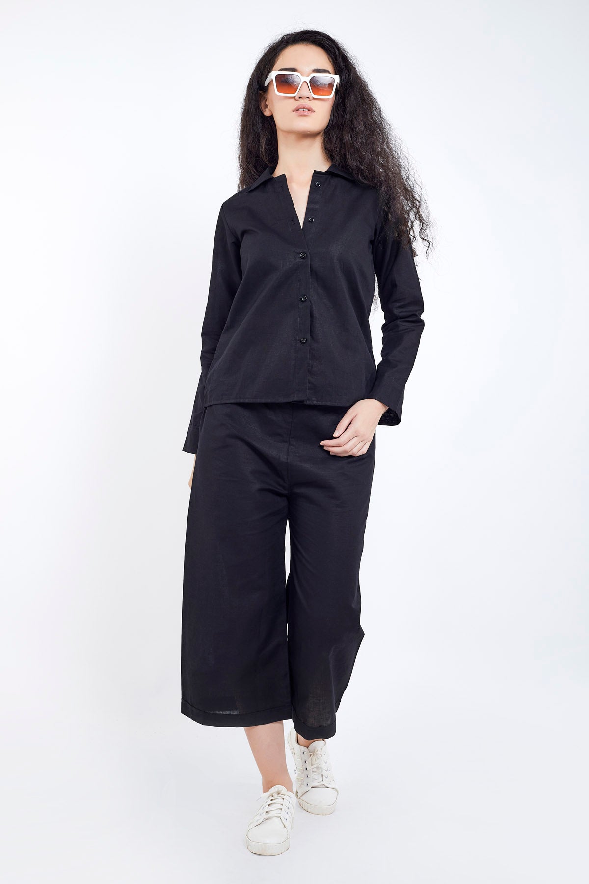 Black Cotton Linen Collar Shirt