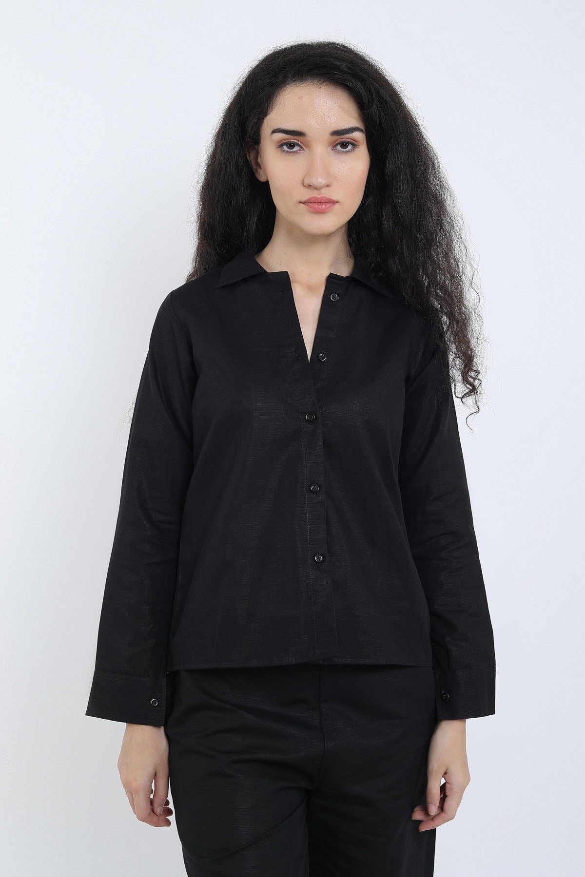 Black Cotton Linen Collar Shirt
