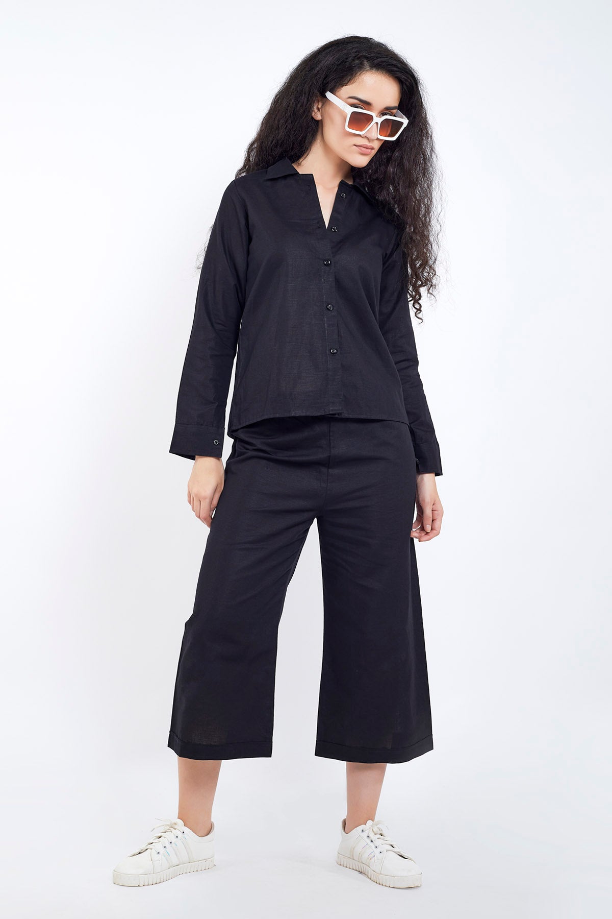 Black Cotton Linen Collar Shirt