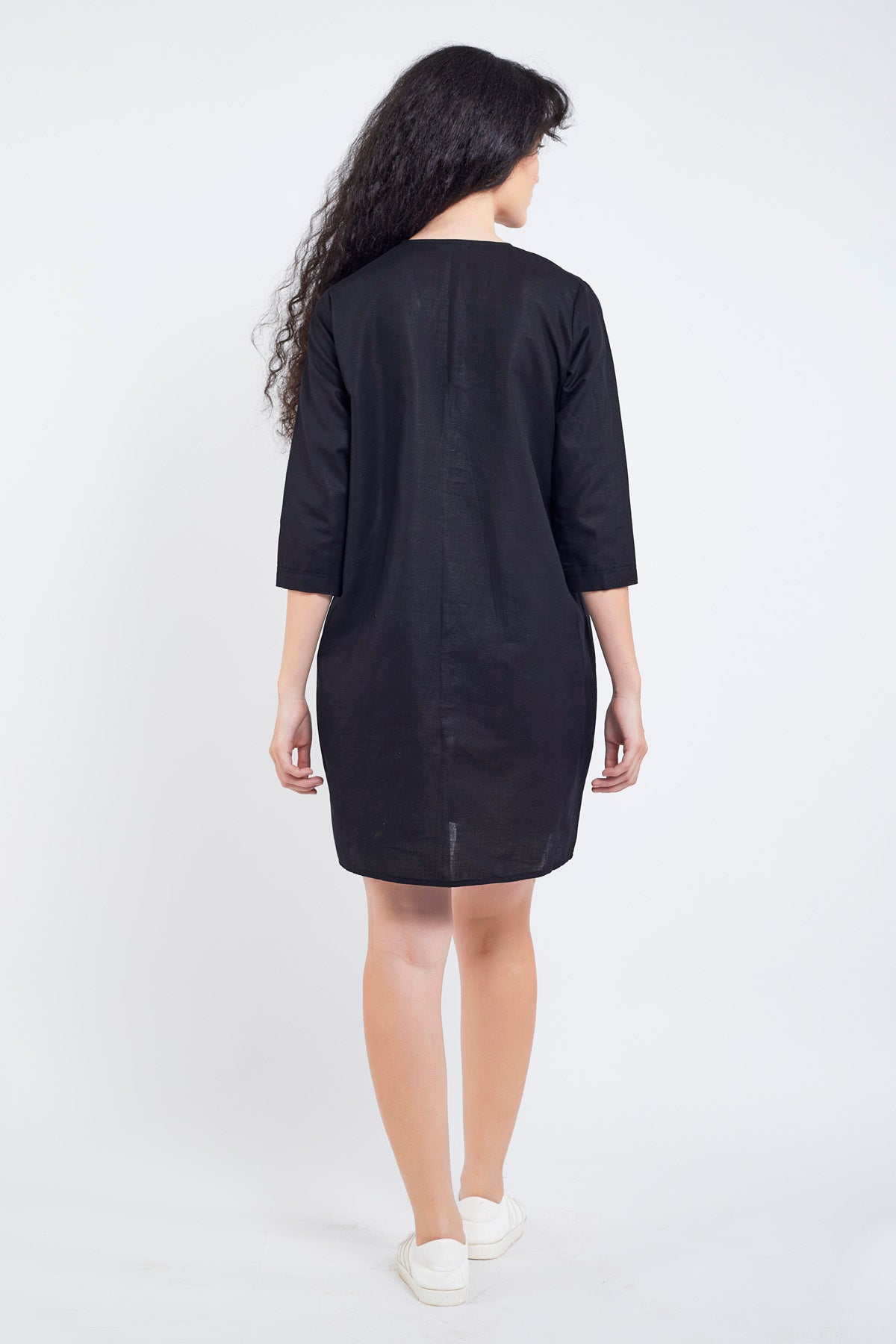 Black Cotton Linen Mini Dress