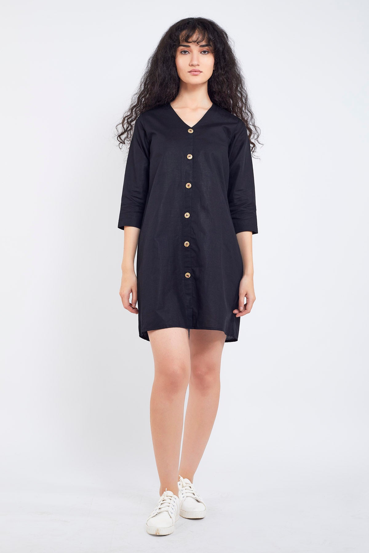 Black Cotton Linen Mini Dress