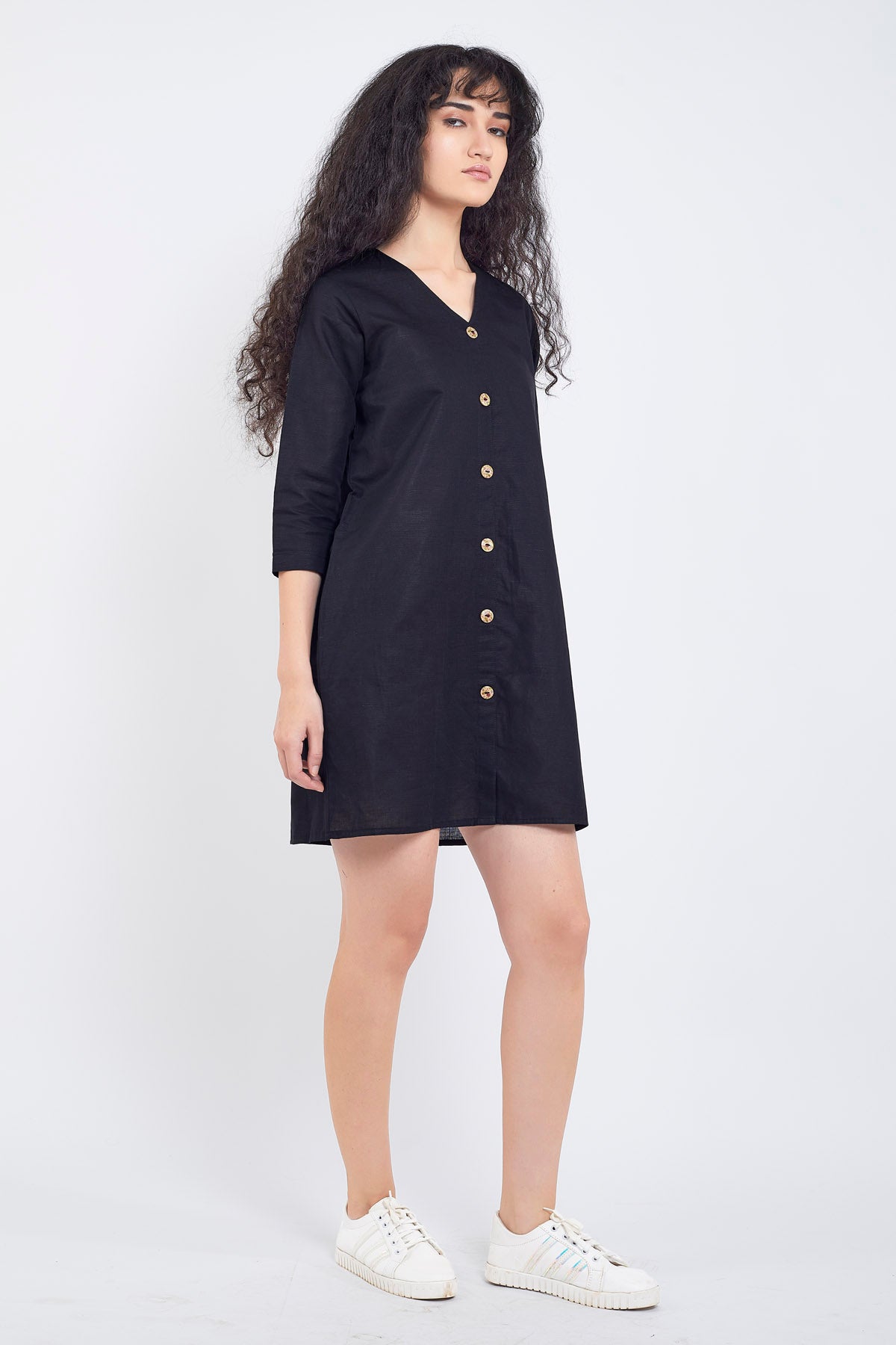 Black Cotton Linen Mini Dress