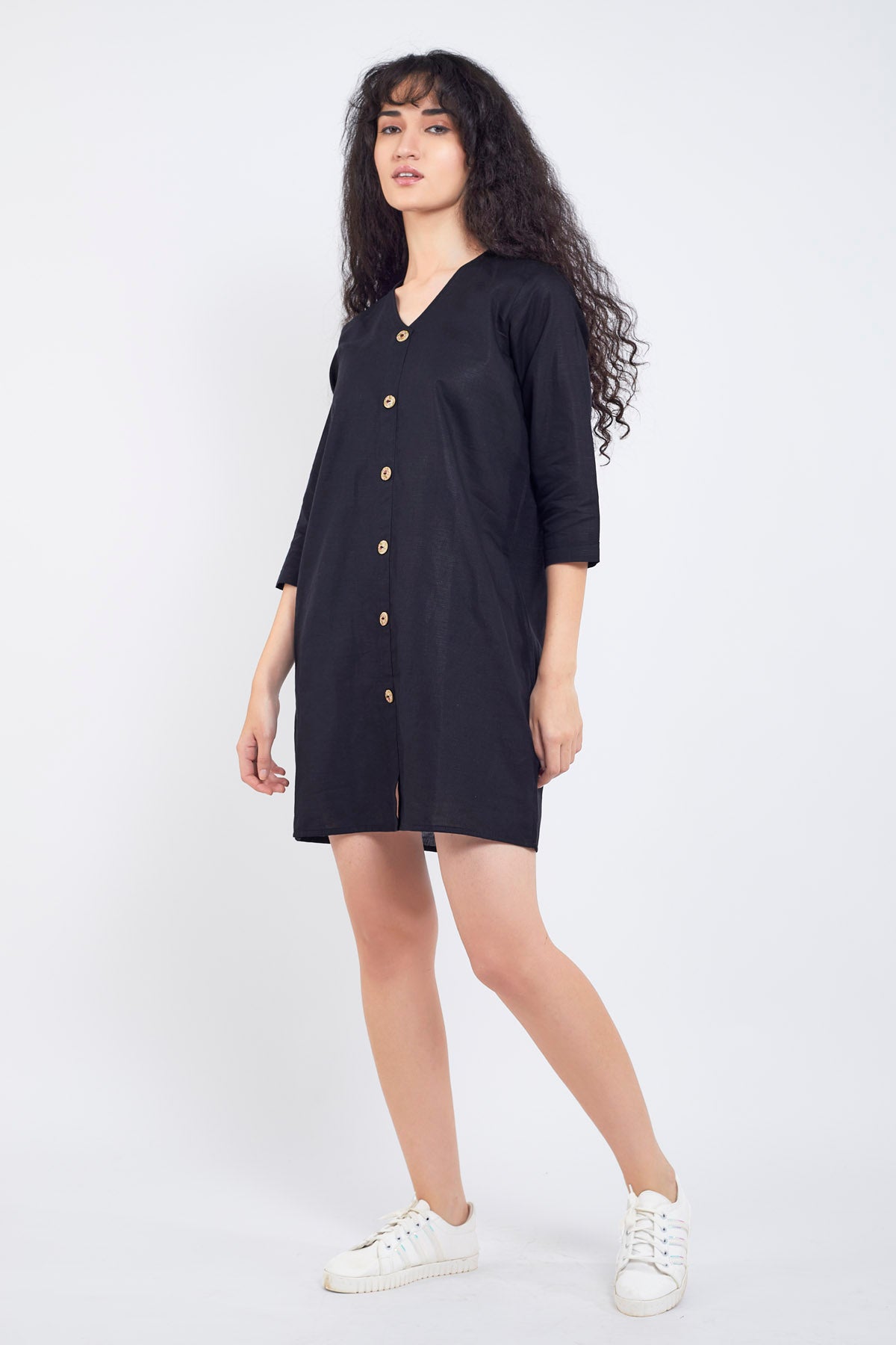 Black Cotton Linen Mini Dress
