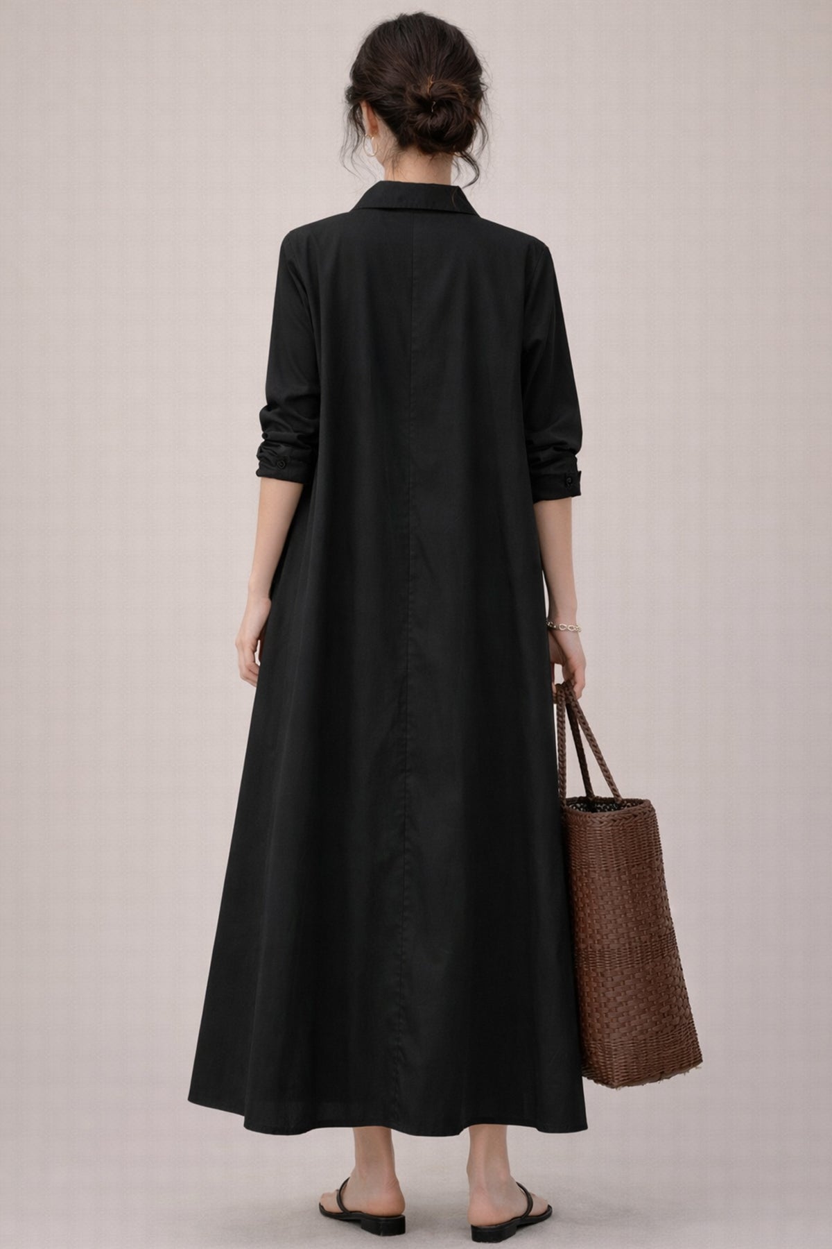 Black Cotton Maxi Shirt Dress