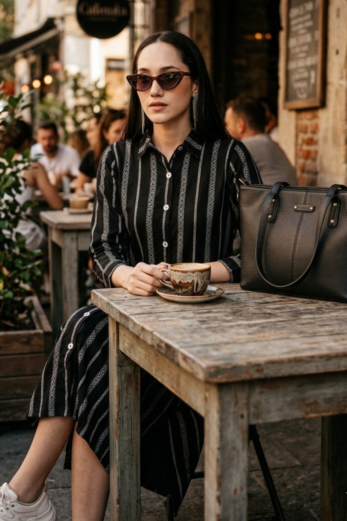 Black Stripes Midi Shirt Dress