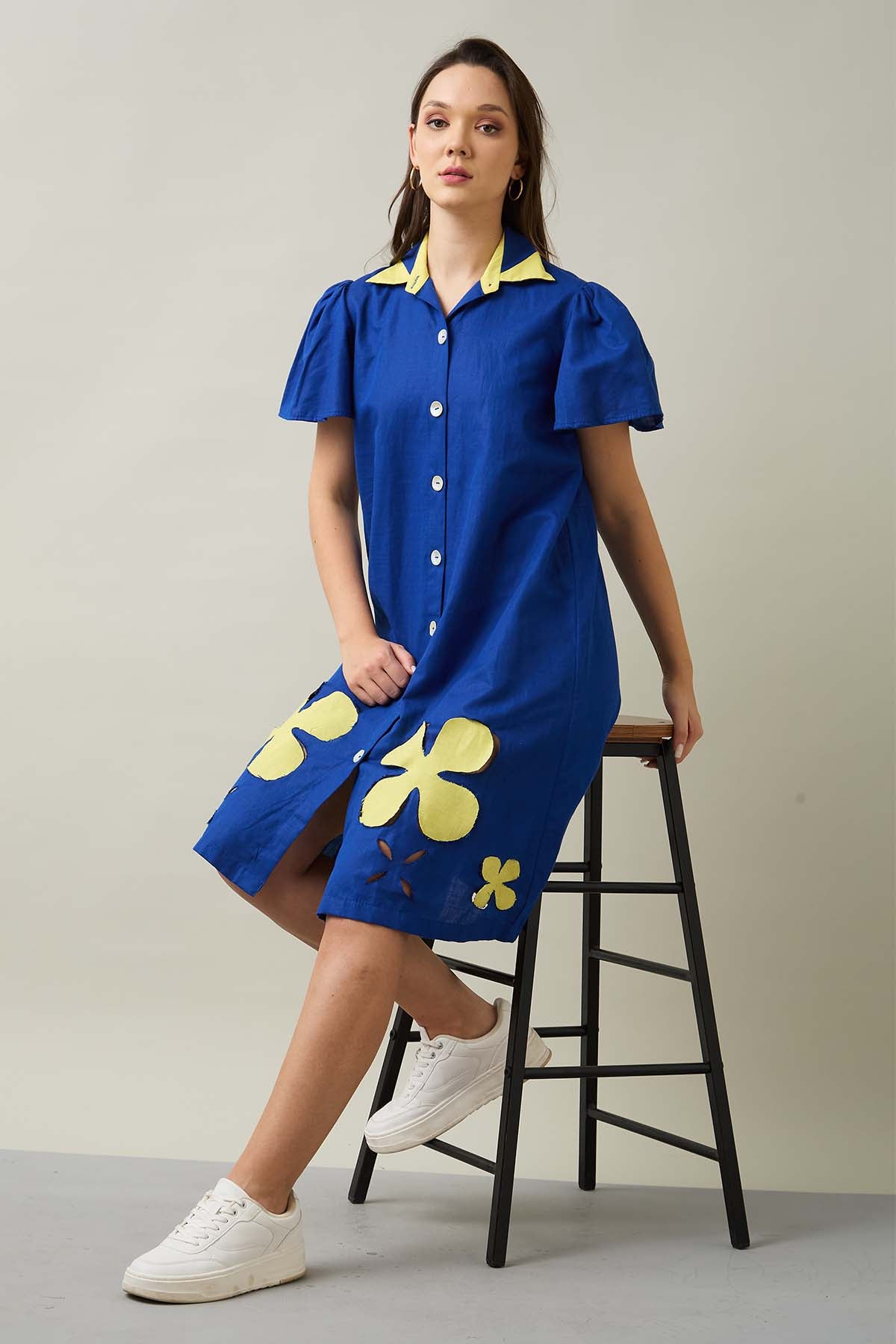 Blue Patchwork Midi Shirt Dress