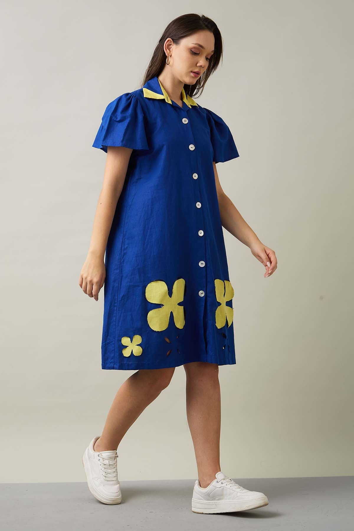 Blue Patchwork Midi Shirt Dress