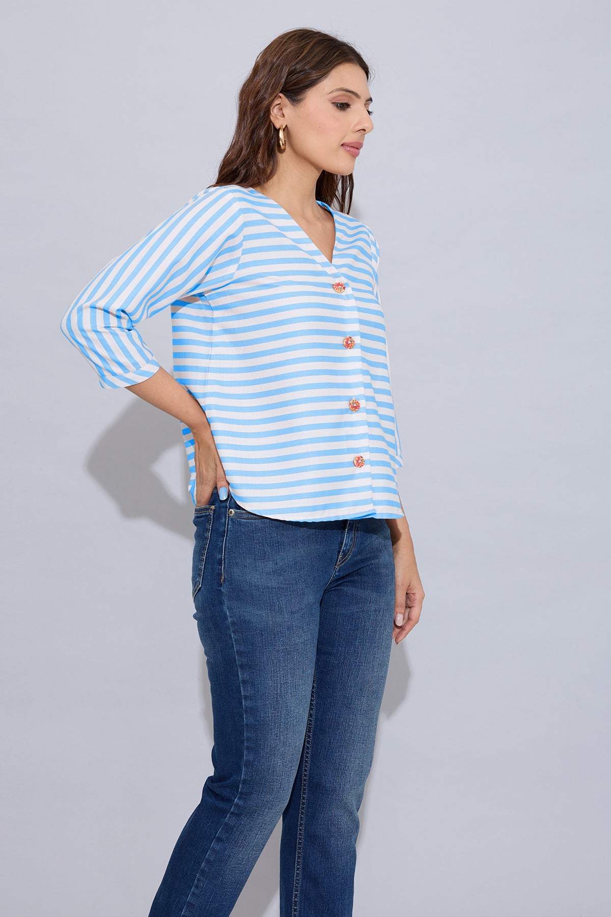 Blue Stripe Button Cotton Top