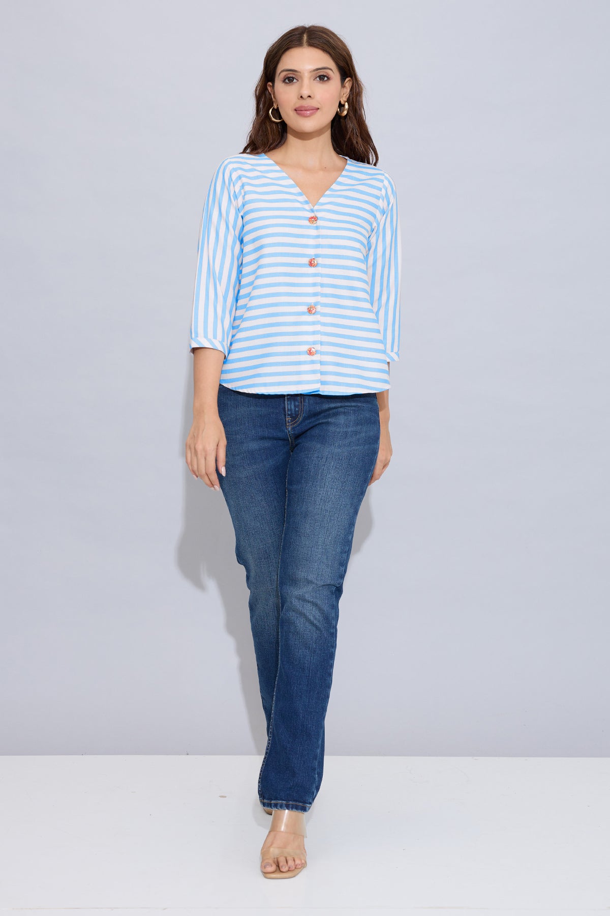 Blue Stripe Button Cotton Top