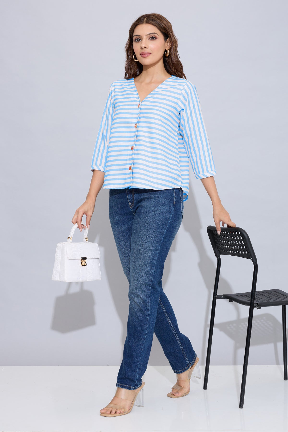 Blue Stripe Button Cotton Top