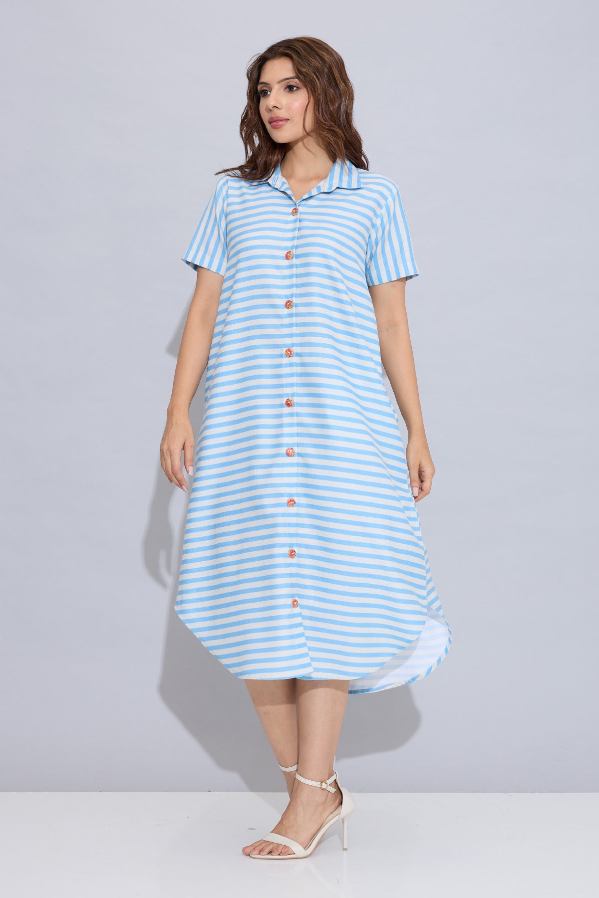 Blue Stripe Cotton Shirt Dress