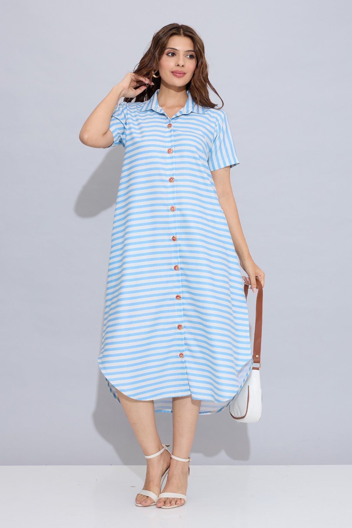 Blue Stripe Cotton Shirt Dress