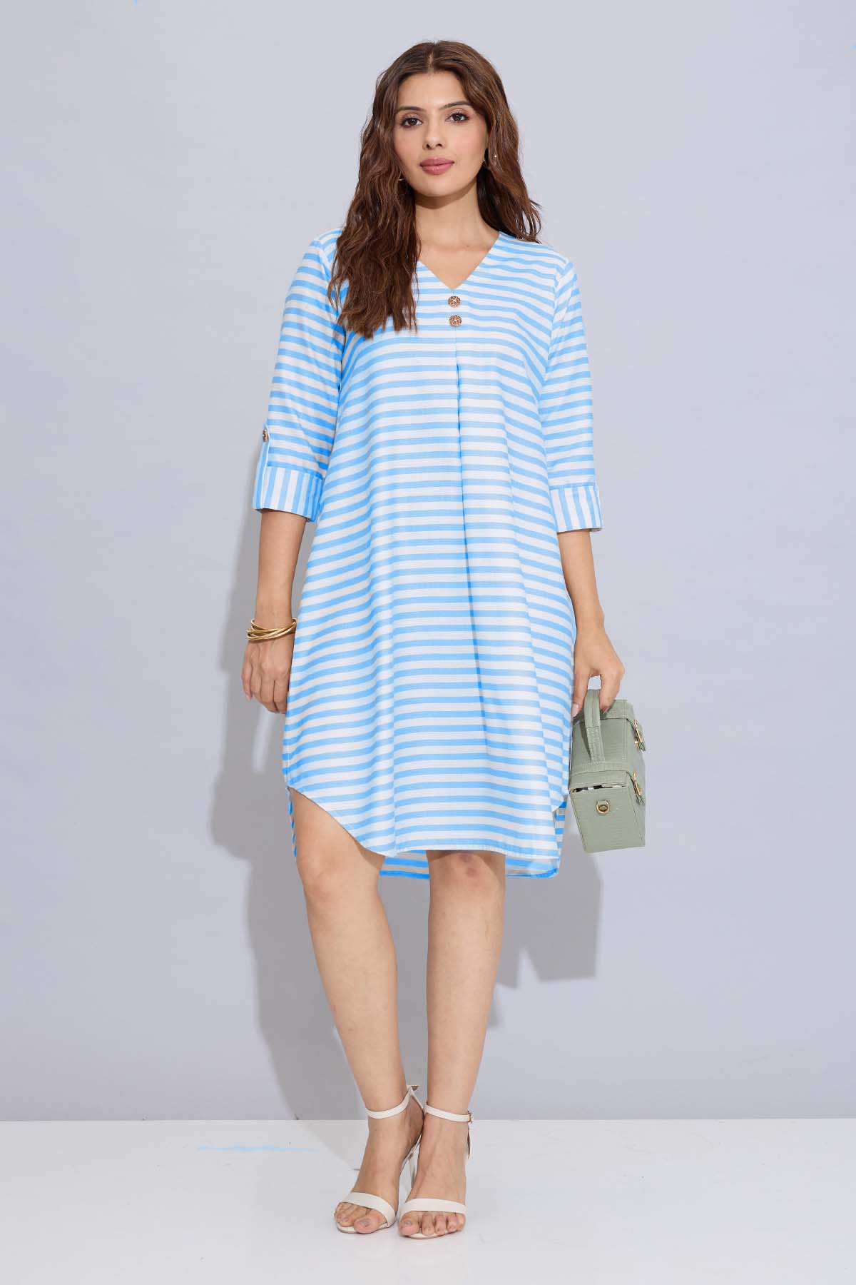 Blue Stripes Box Pleated Dress