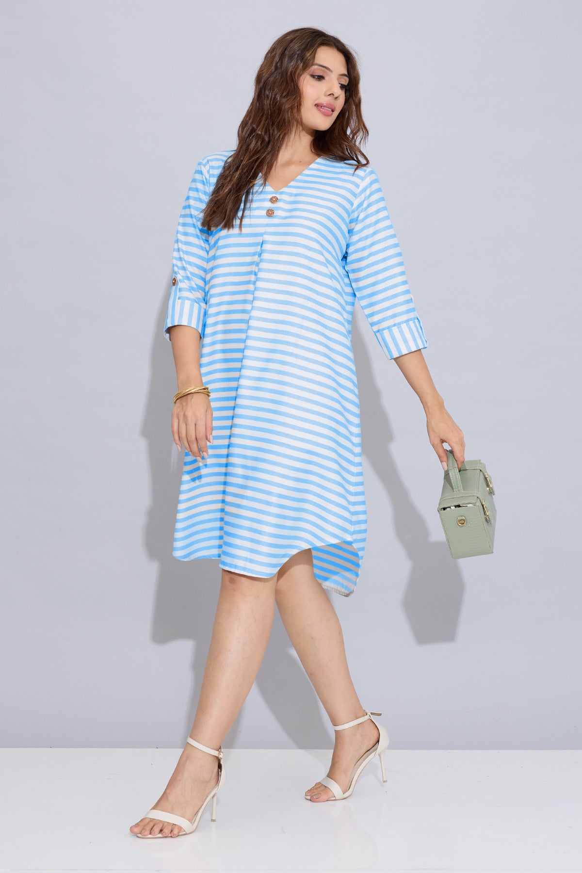 Blue Stripes Box Pleated Dress