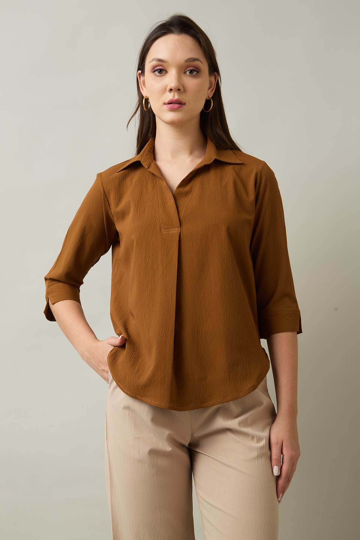 Brown Box Pleated Collared Top
