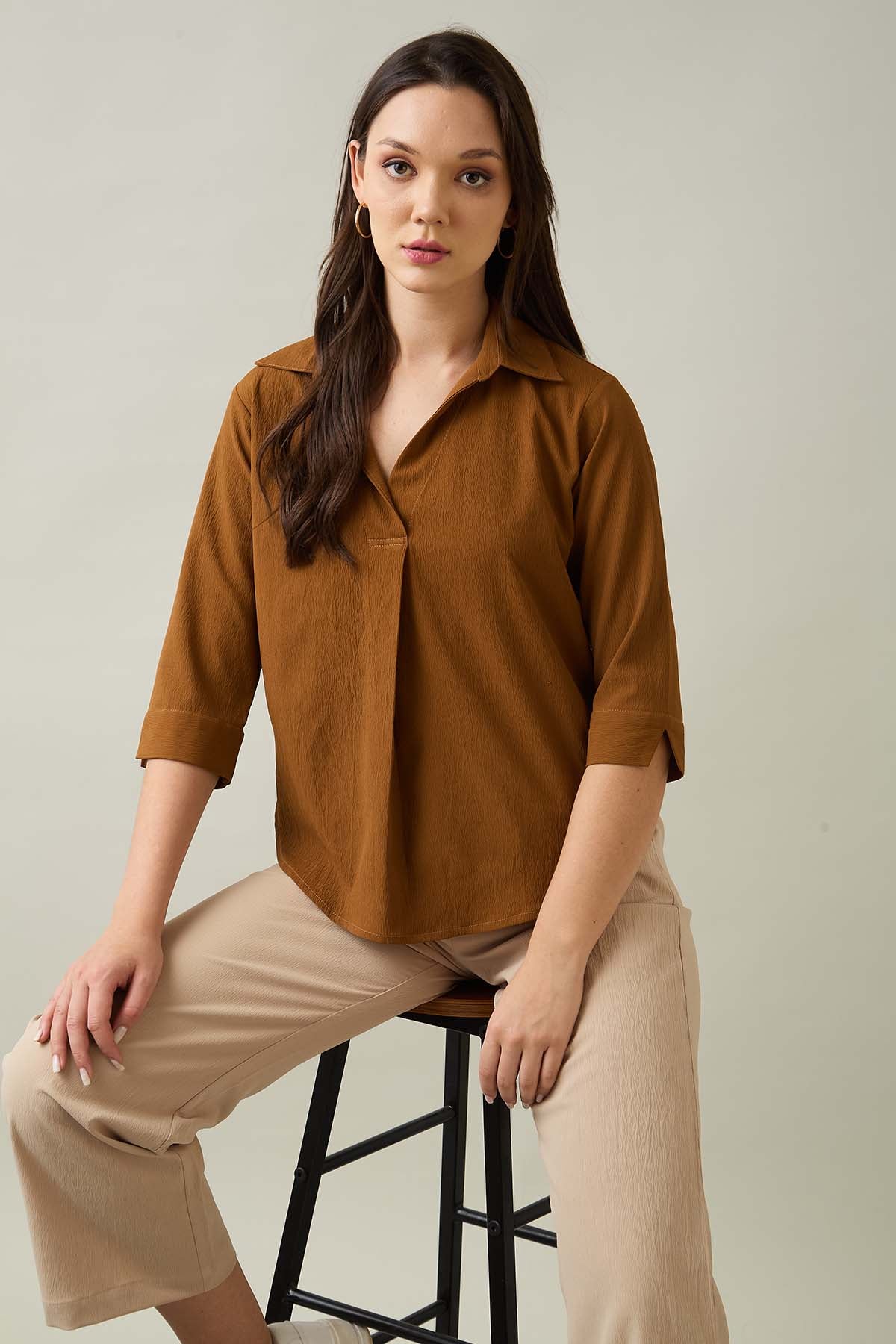 Brown Box Pleated Collared Top