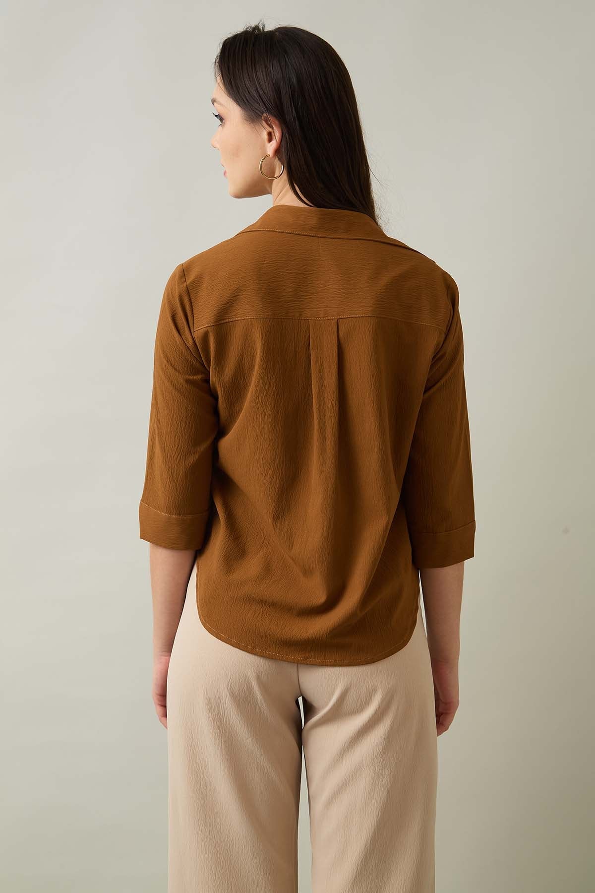 Brown Box Pleated Collared Top