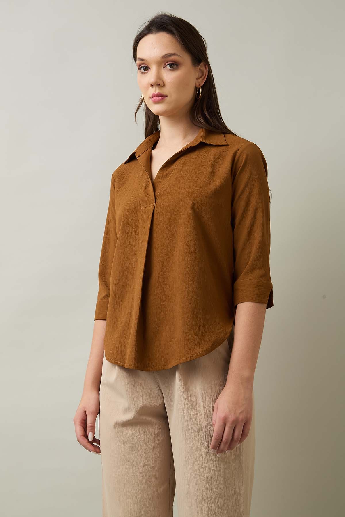 Brown Box Pleated Collared Top