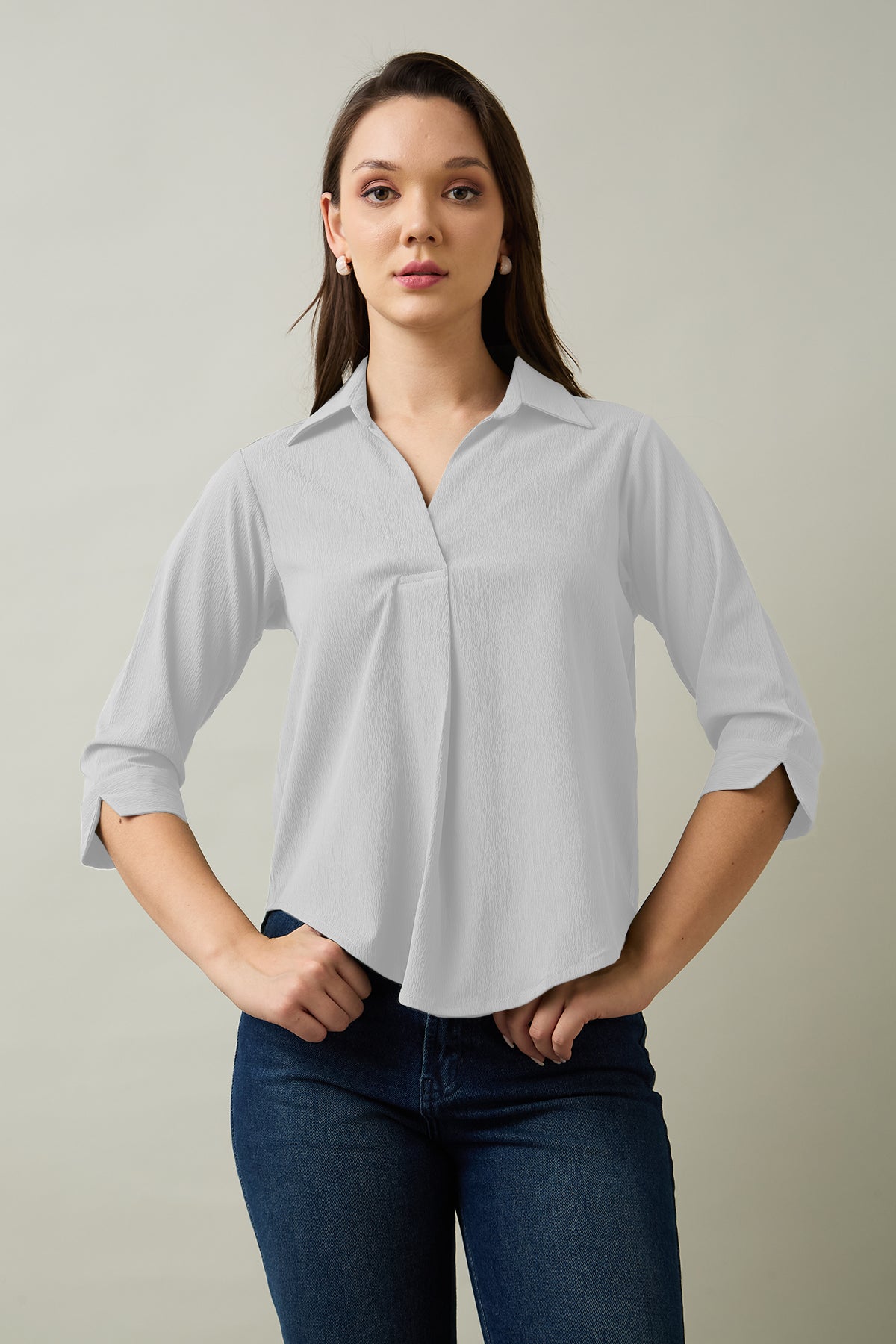 Buy Chalk Box Pleated Collared Top by SNEHA B