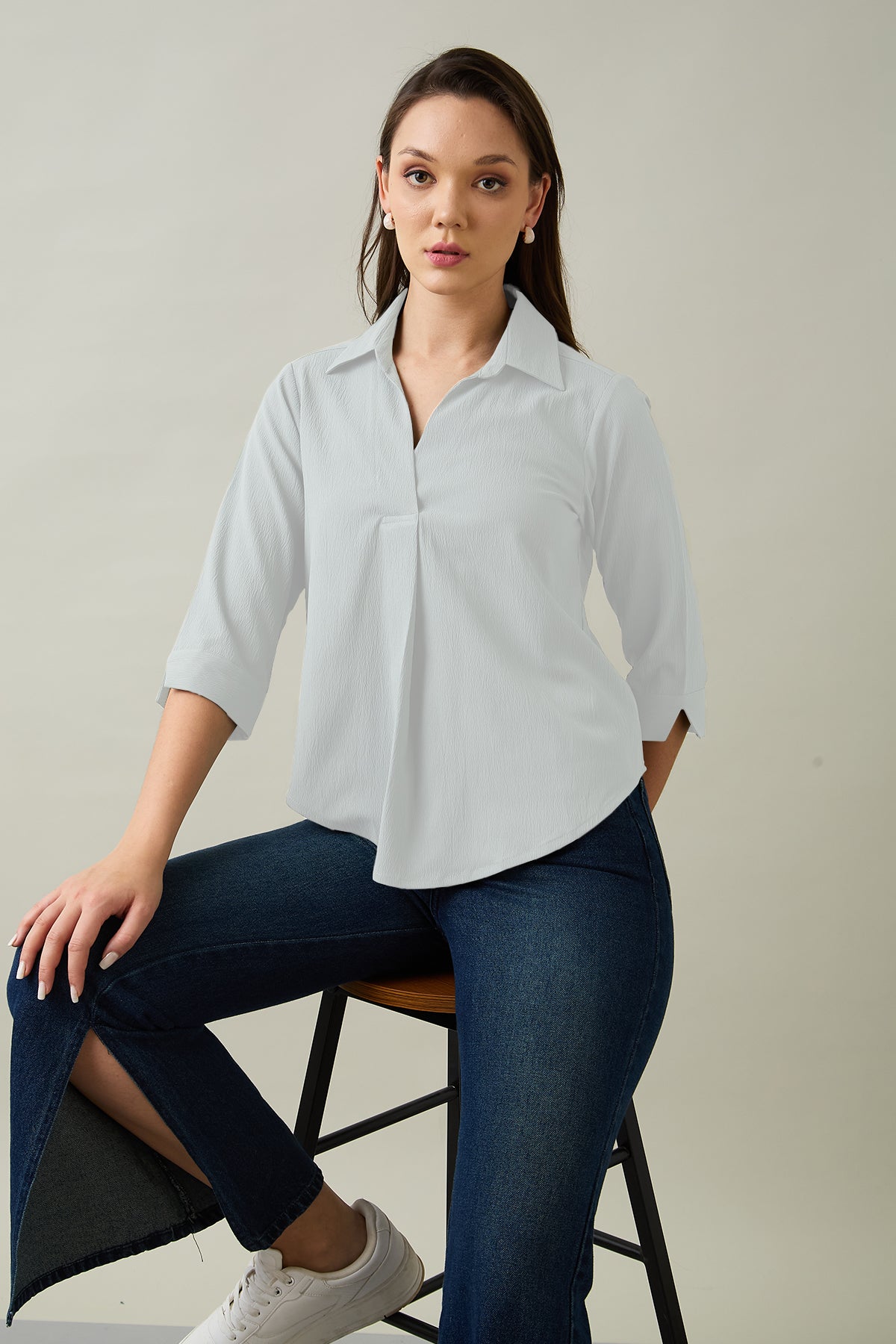 Chalk Box Pleated Collared Top