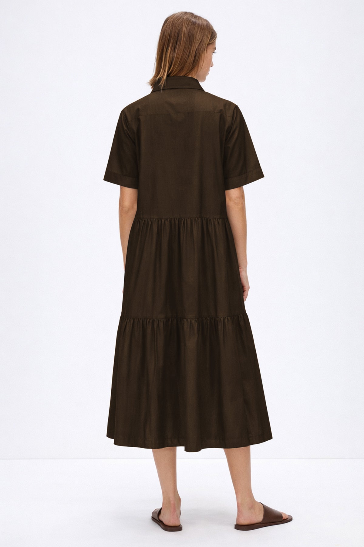 Coffee Button Tiered Midi Dress