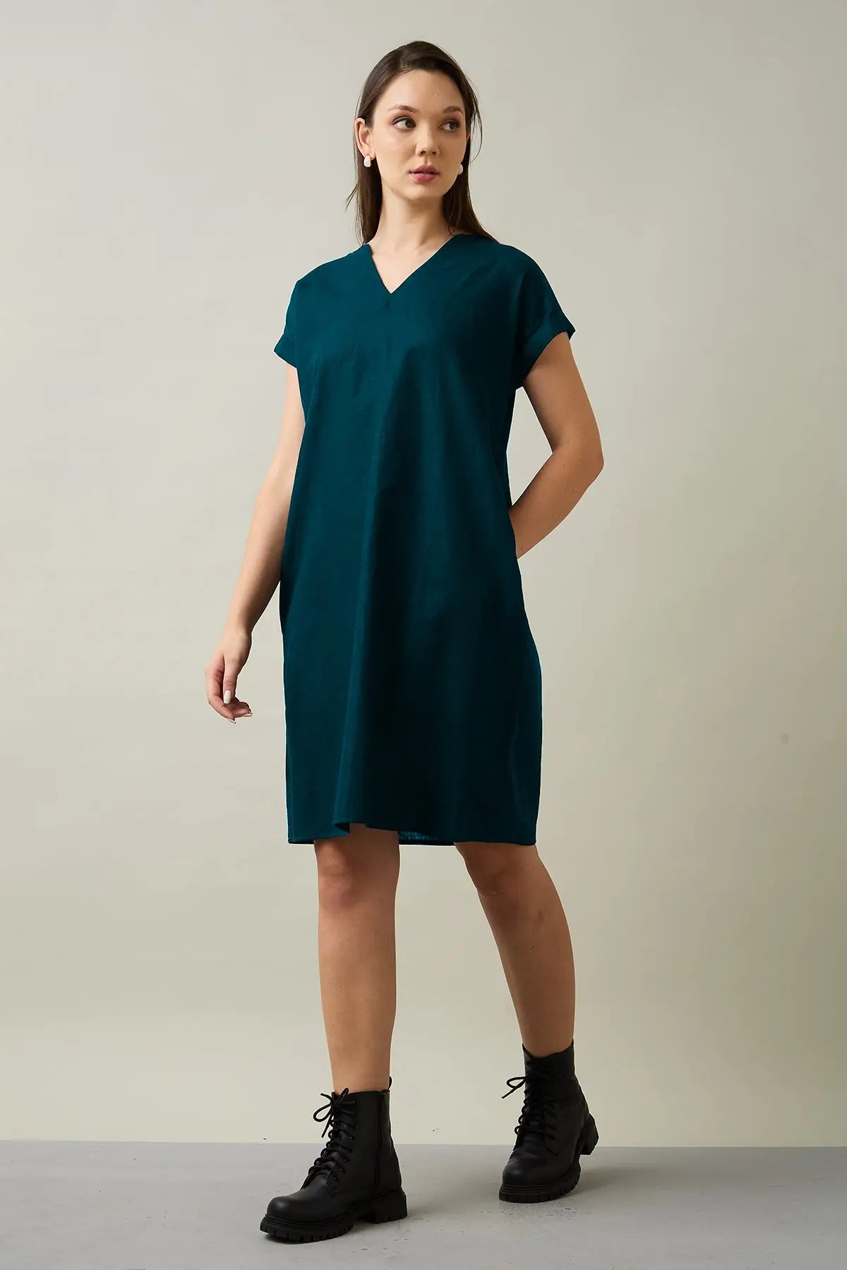 Cotton Linen Teal Mini Dress SNEHA B