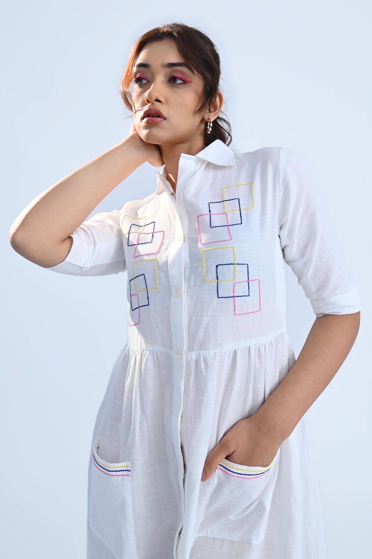 Cubes Embroidered White Dress