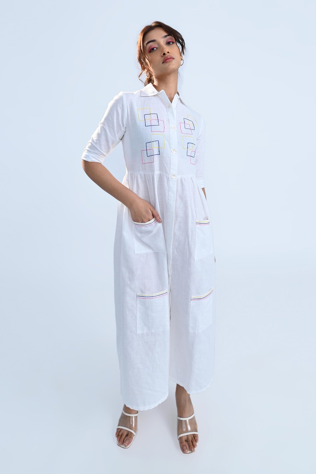 Cubes Embroidered White Dress